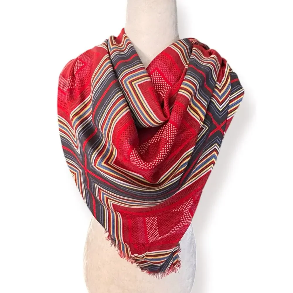Geometric Stripe Square Scarf Shawl Wrap Red Blue Fringed Boho Artsy Layer